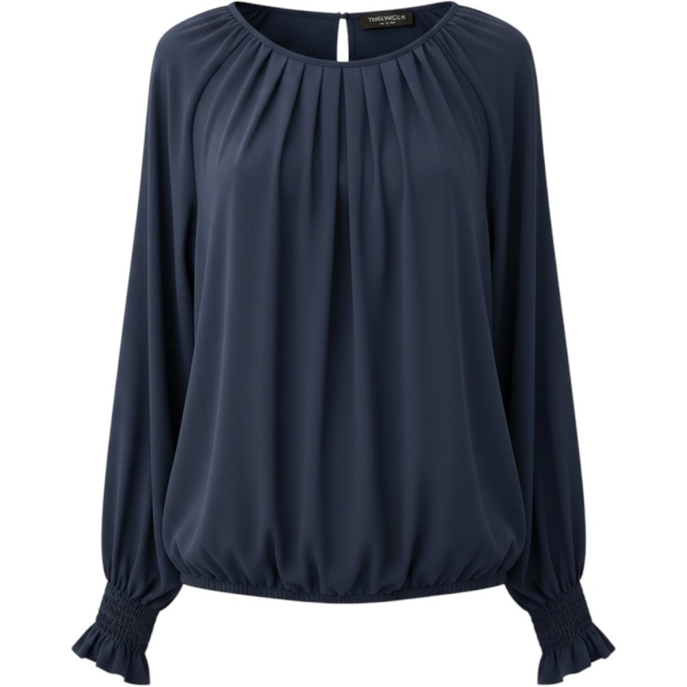 THEENKOLN Navy Blue Pleated Blouse Long Sleeve Smocked Cuff Top Womens Large